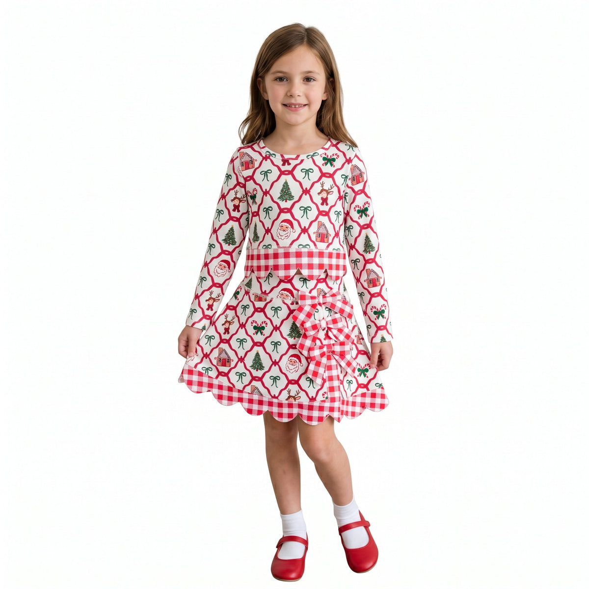 GLD1676 Christmas Santa Bows Scallop Edge Yoga Girls Skorts Set