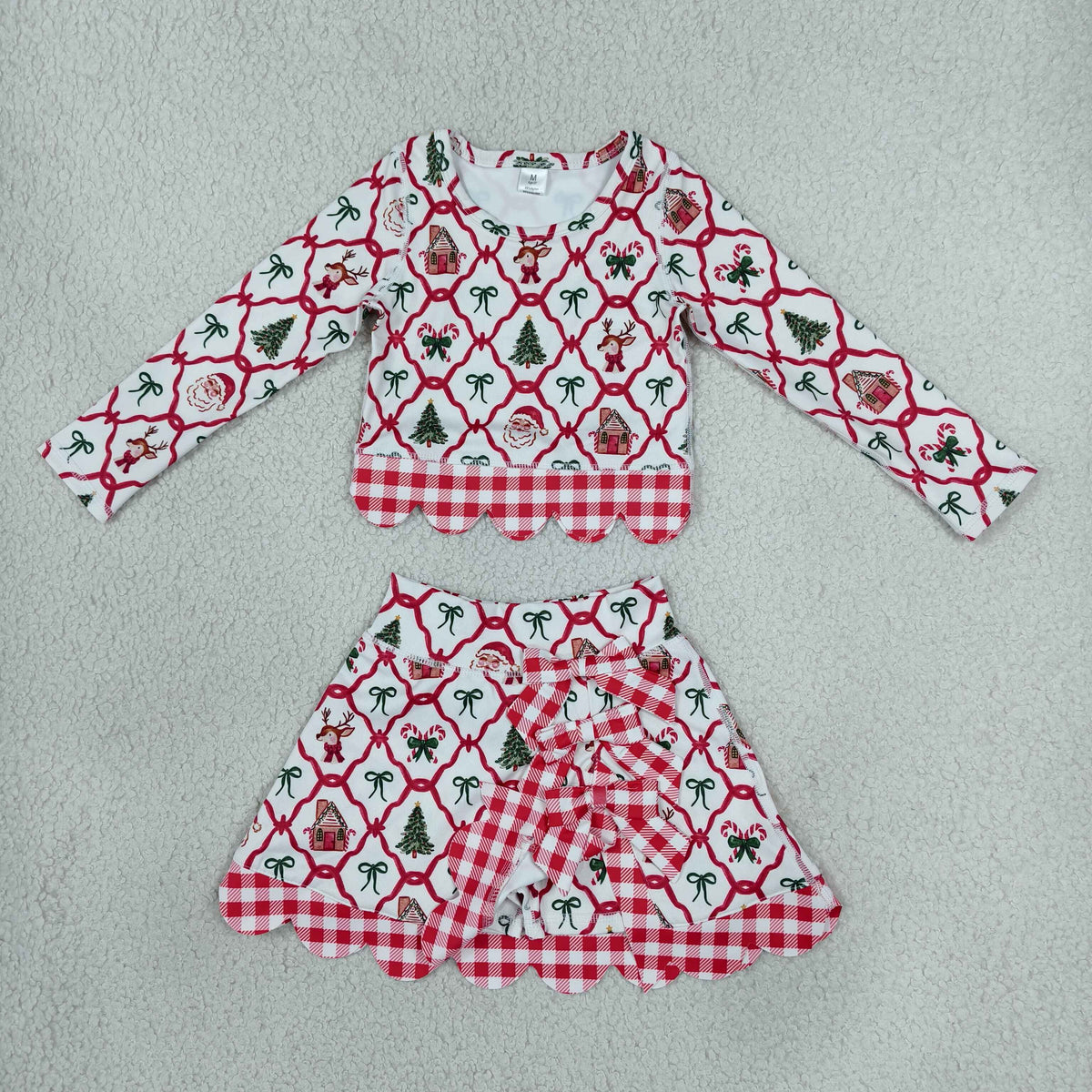 GLD1676 Christmas Santa Bows Scallop Edge Yoga Girls Skorts Set