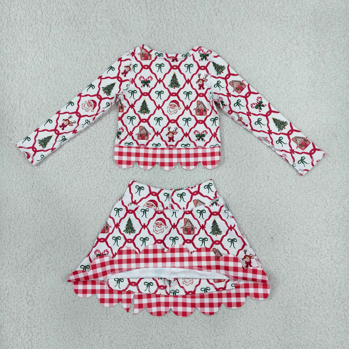 GLD1676 Christmas Santa Bows Scallop Edge Yoga Girls Skorts Set