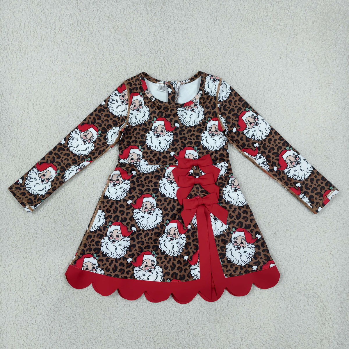 GLD1679 Christmas Santa Leopard Bows Yoga Scallop Edge Girl's Dress