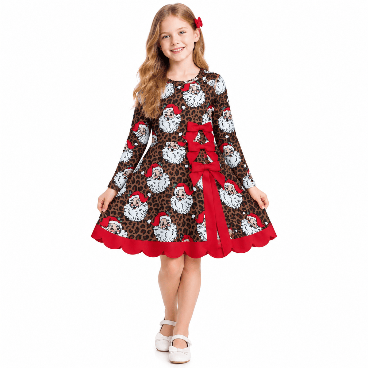 GLD1679 Christmas Santa Leopard Bows Yoga Scallop Edge Girl's Dress