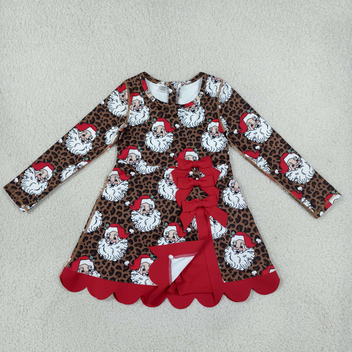 GLD1679 Christmas Santa Leopard Bows Yoga Scallop Edge Girl's Dress