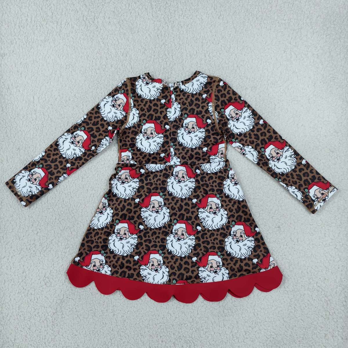 GLD1679 Christmas Santa Leopard Bows Yoga Scallop Edge Girl's Dress