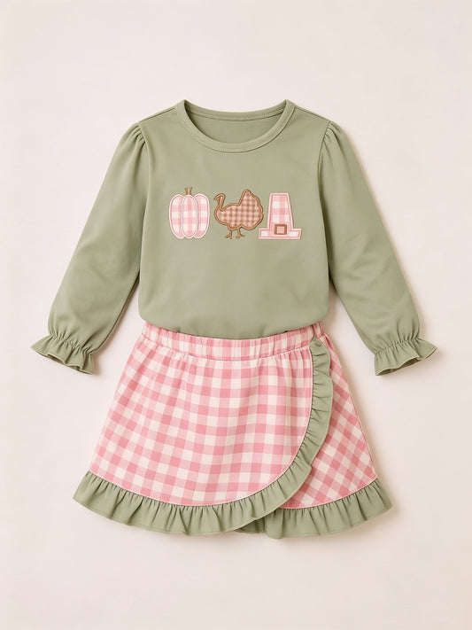 MOQ 5 PCS preorder GLD1684 Pumpkin Turkey Print Ruffle Long Sleeve Dresses for Girls 202607