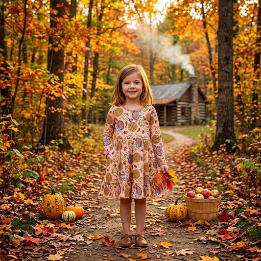 GLD1691 Thanksgiving Day Turkey Pumpkin Girl's Dress 202609 RTS