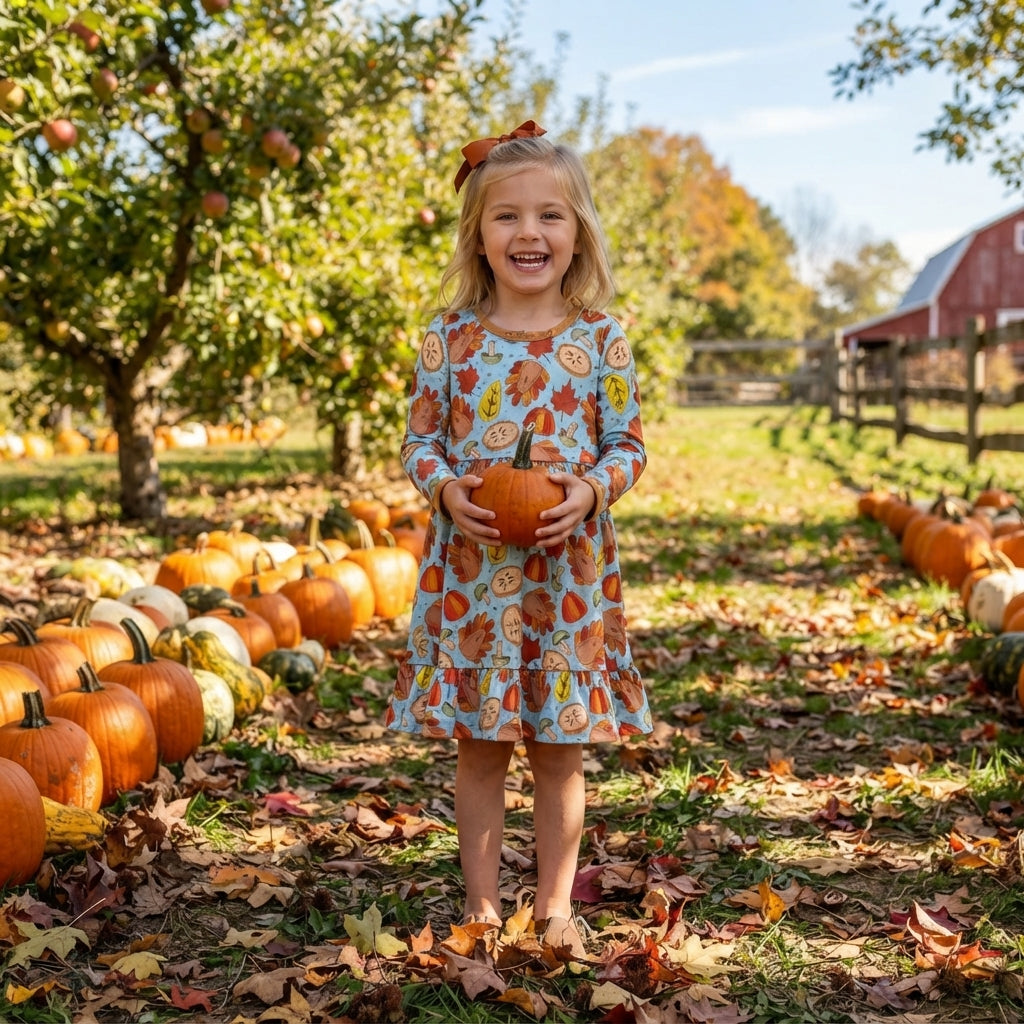 GLD1692 Thanksgiving Day Turkey Leaves Girl's Dress
