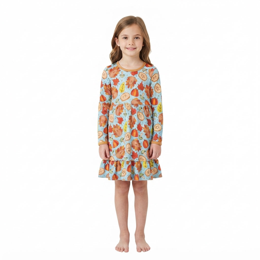 GLD1692 Thanksgiving Day Turkey Leaves Girl's Dress