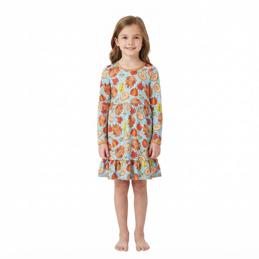 GLD1692 Thanksgiving Day Turkey Leaves Girl's Dress