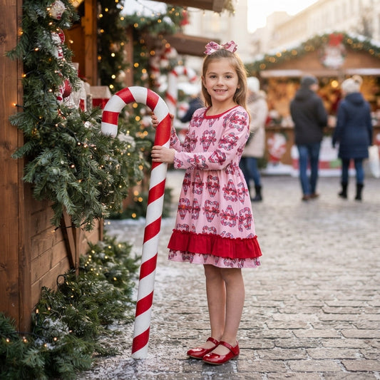 GLD1695 Christmas Santa Canes Red Ruffles Girl's Dress