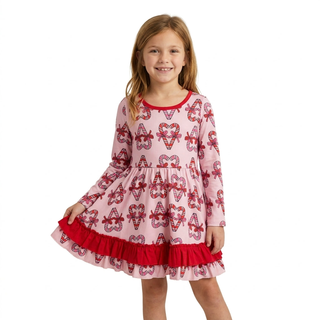 GLD1695 Christmas Santa Canes Red Ruffles Girl's Dress