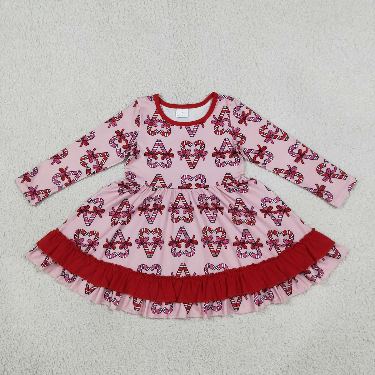 GLD1695 Christmas Santa Canes Red Ruffles Girl's Dress
