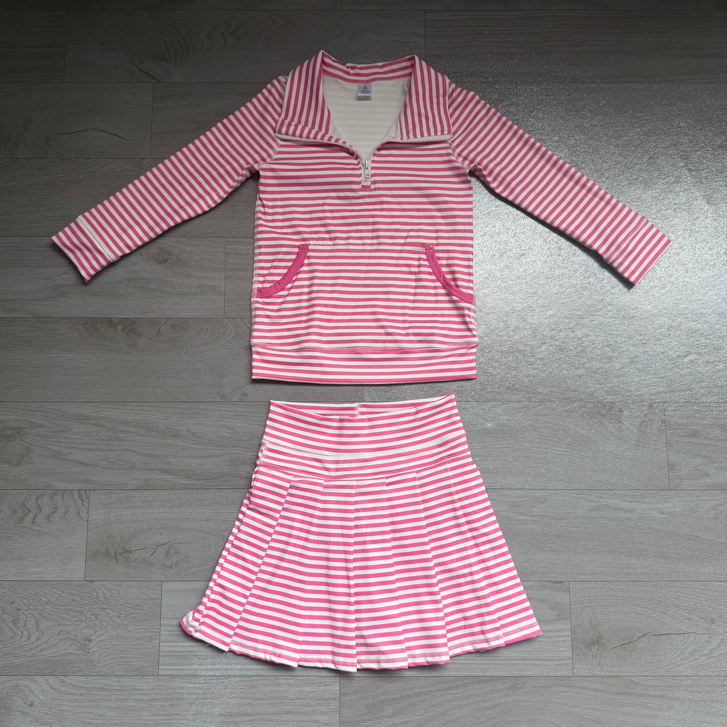 NO MOQ preorder GLD1699 Pink Stripe Zip Collar Polo Long Sleeve Skirts Girls Yoga Sets 202607