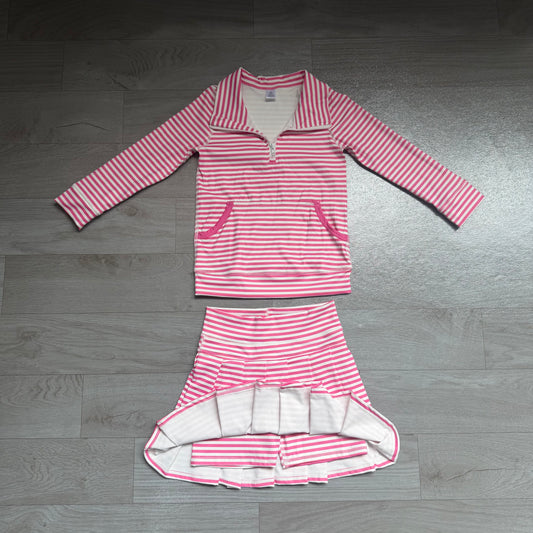 NO MOQ preorder GLD1699 Pink Stripe Zip Collar Polo Long Sleeve Skirts Girls Yoga Sets 202607