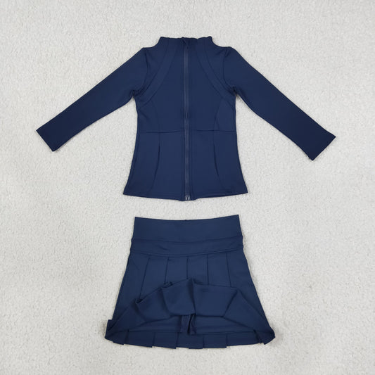 GLD1705 Navy Blue Pleated Yoga Girls Skorts Set