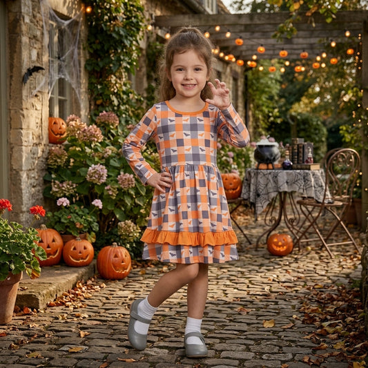 GLD1707 Halloween Bat Plaid Ruffles Girl's Dress 202609 RTS