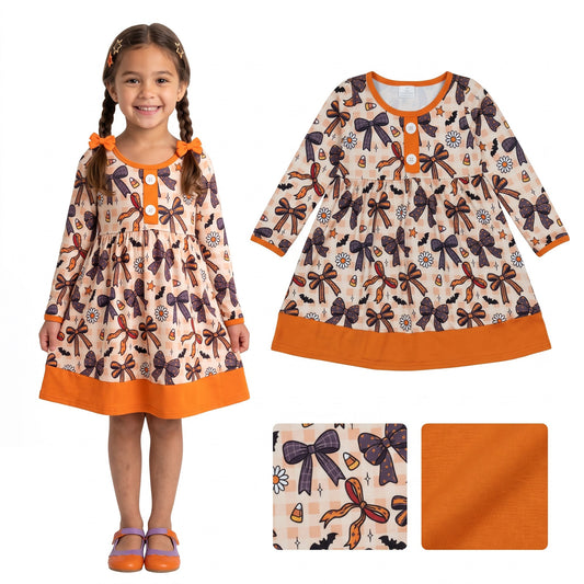 GLD1708 RTS toddler girl clothes bows print girl fall dress halloween clothes