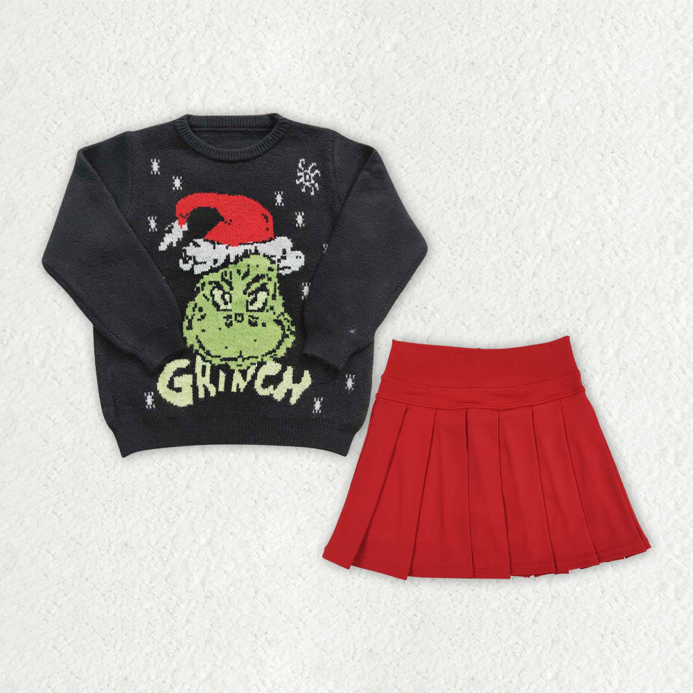 GLD1720 Christmas Grinch Long Sleeve Black Sweater Red Pleated Skirts Girls Sets 202607 RTS