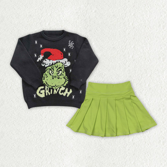 GLD1721 Christmas Grinch Long Sleeve Black Sweater Green Pleated Skirts Girls Sets 202607 RTS