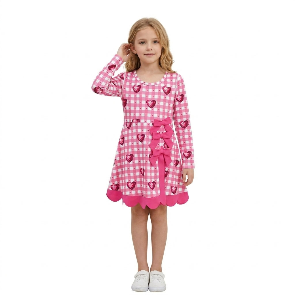 GLD1750 Valentine's Day Love Rose Red Plaid Bows Yoga Scallop Edge Girl's Dress
