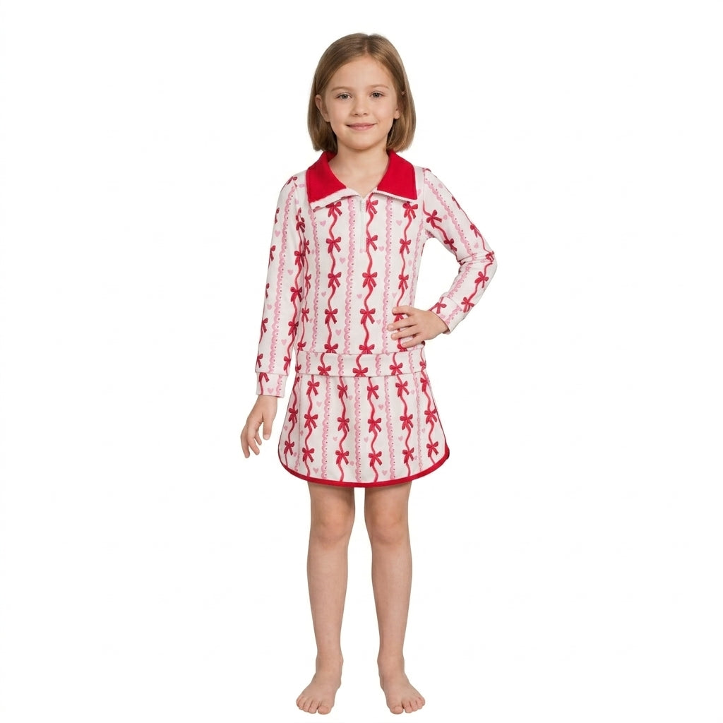GLD1751 Valentine's Day Love Bows Pullover Girls Skorts Set