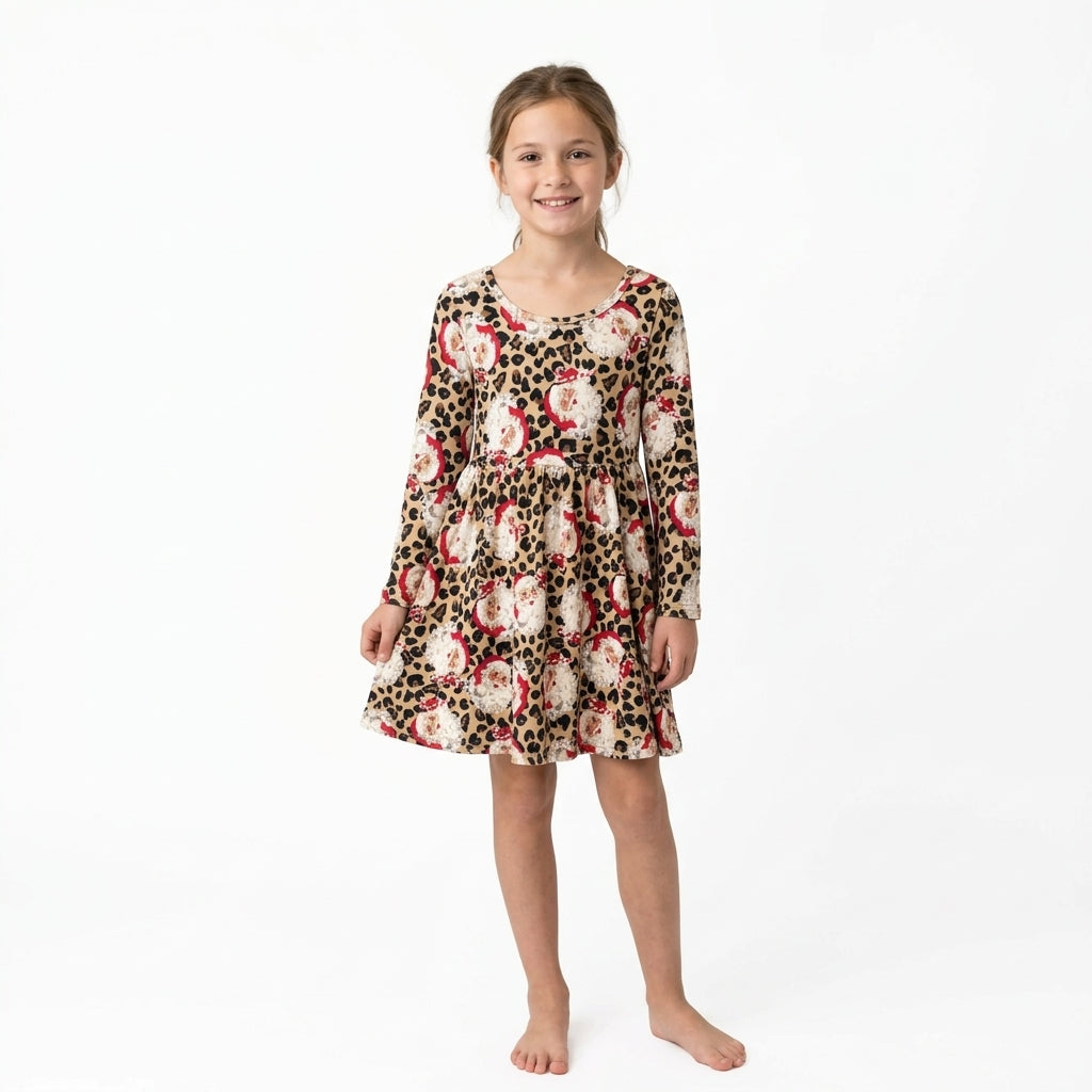 GLD1761 Christmas Santa Leopard Girl's Dress