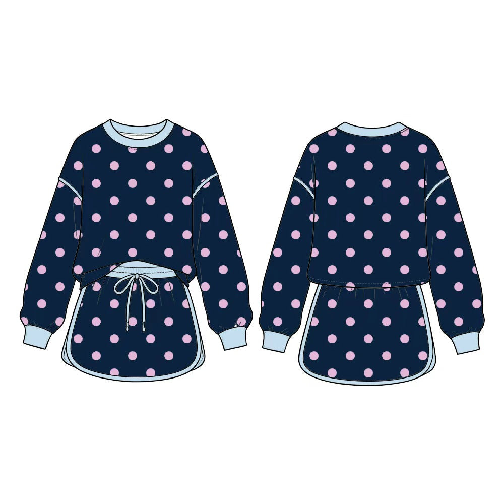 Preorder MOQ 5 pcs GLD1762 Dots Navy Long Sleeves Girls Skorts Set
