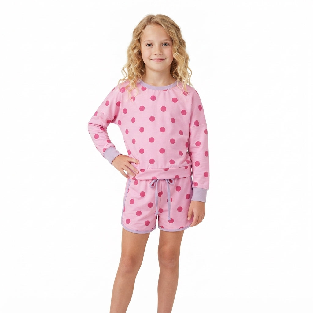 GLD1763 Dots Rose Red Long Sleeves Girls Skorts Set