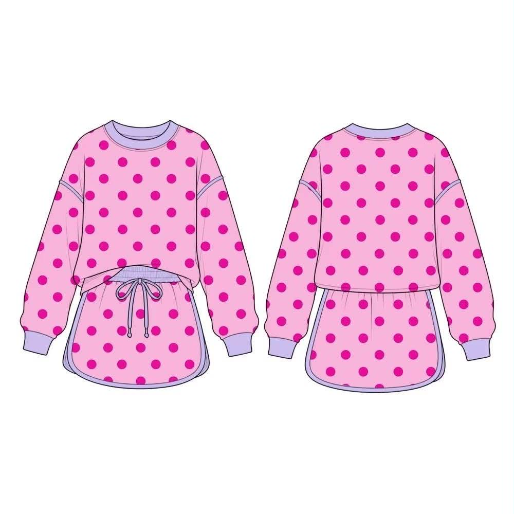 Preorder MOQ 5 pcs GLD1763 Dots Rose Red Long Sleeves Girls Skorts Set