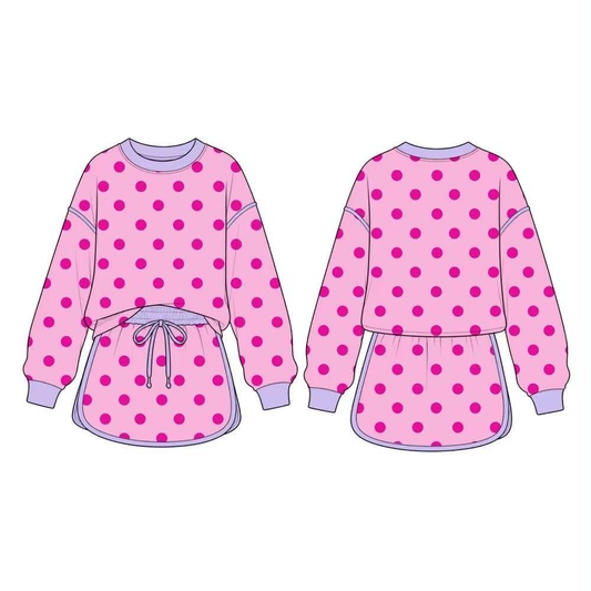 Preorder MOQ 5 pcs GLD1763 Dots Rose Red Long Sleeves Girls Skorts Set