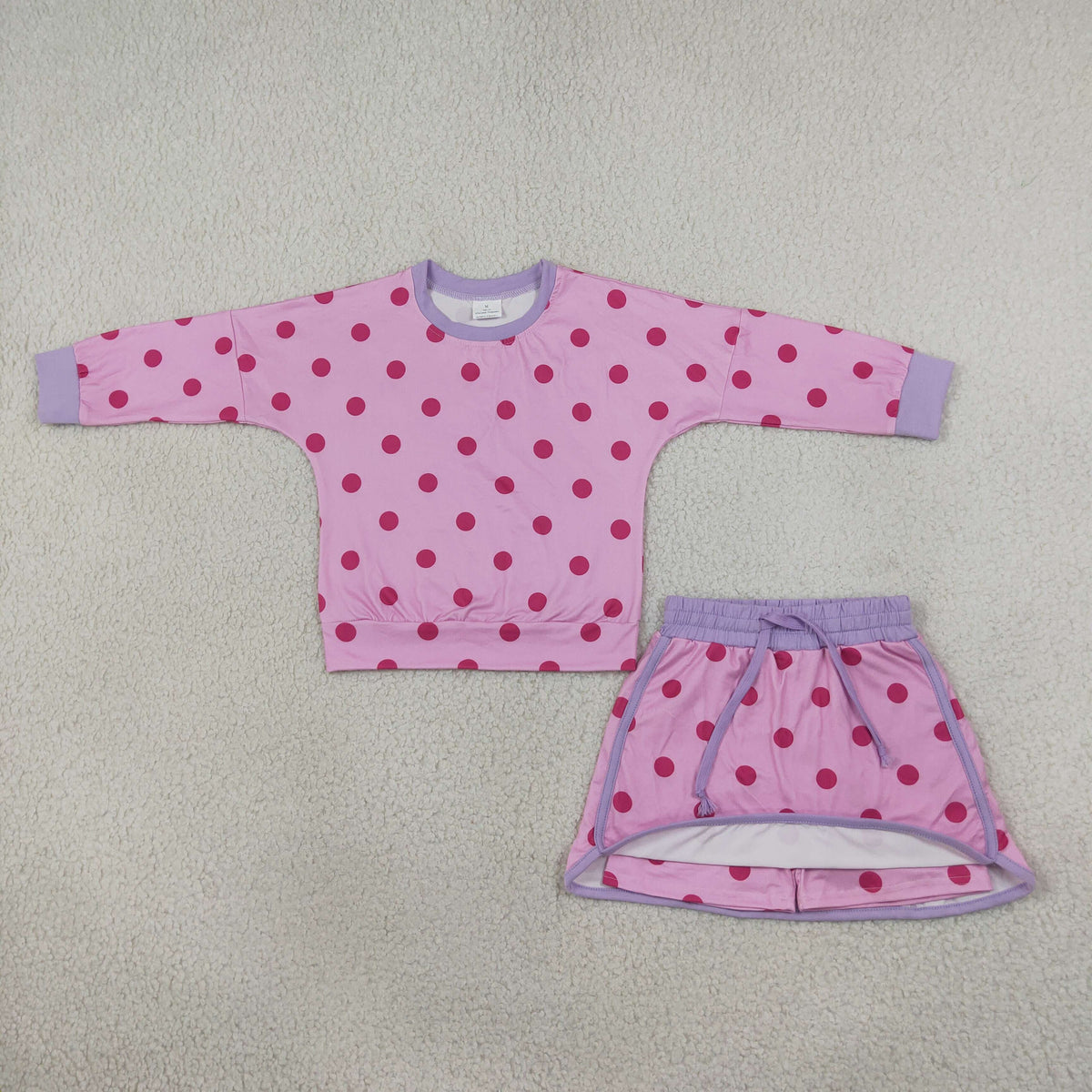 GLD1763 Dots Rose Red Long Sleeves Girls Skorts Set