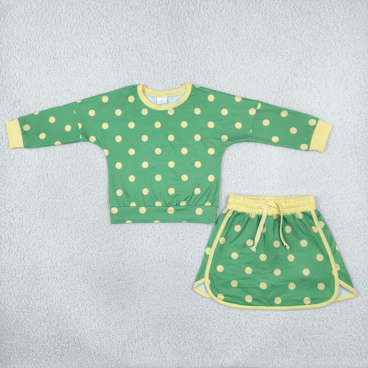 GLD1764 Dots Green Long Sleeves Girls Skorts Set
