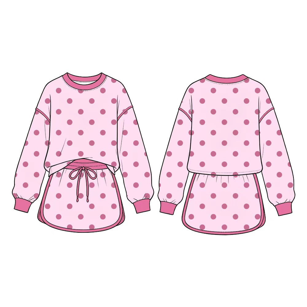 Preorder MOQ 5 pcs GLD1765 Dots Pink Long Sleeves Girls Skorts Set
