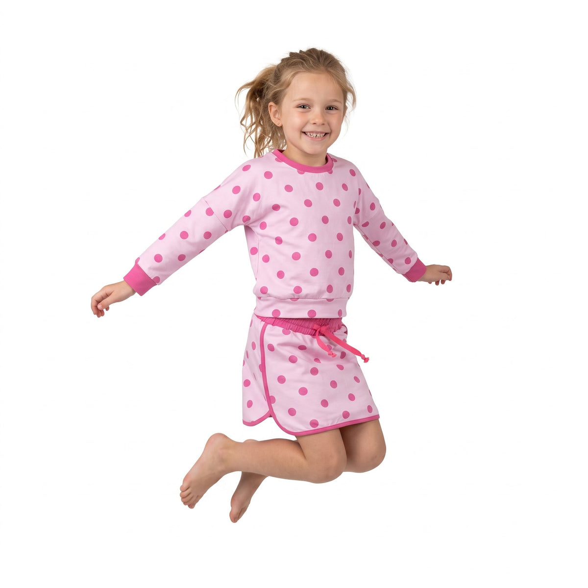 GLD1765 Dots Pink Long Sleeves Girls Skorts Set