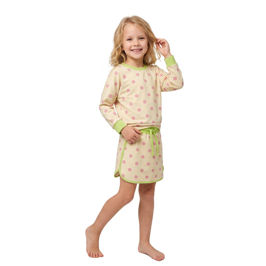 GLD1766 Dots Yellow Long Sleeves Girls Skorts Set