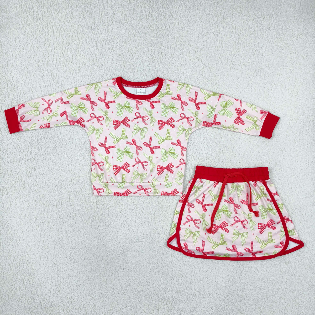 GLD1774 Christmas Bows Print Long Sleeves Girls Skorts Set