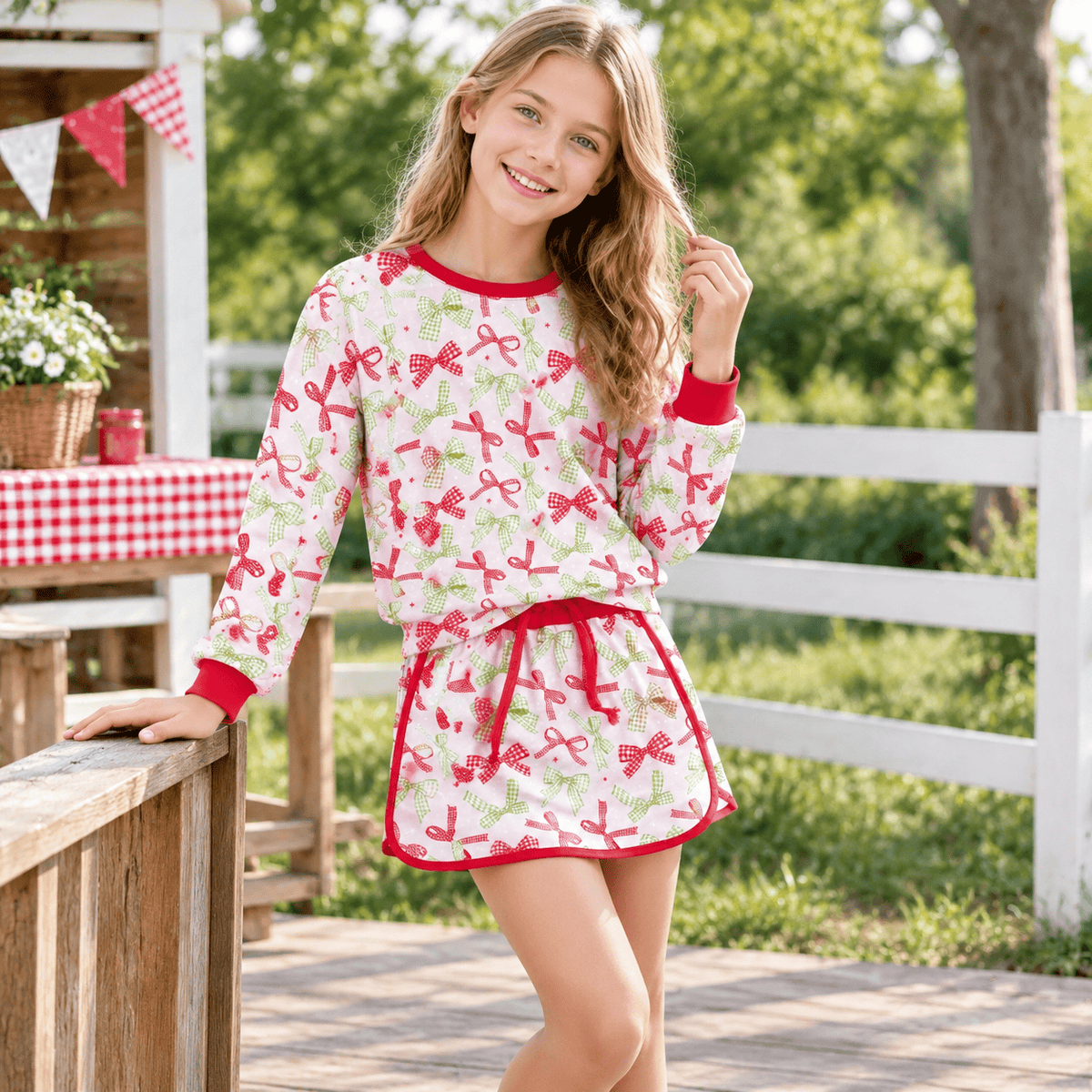GLD1774 Christmas Bows Print Long Sleeves Girls Skorts Set