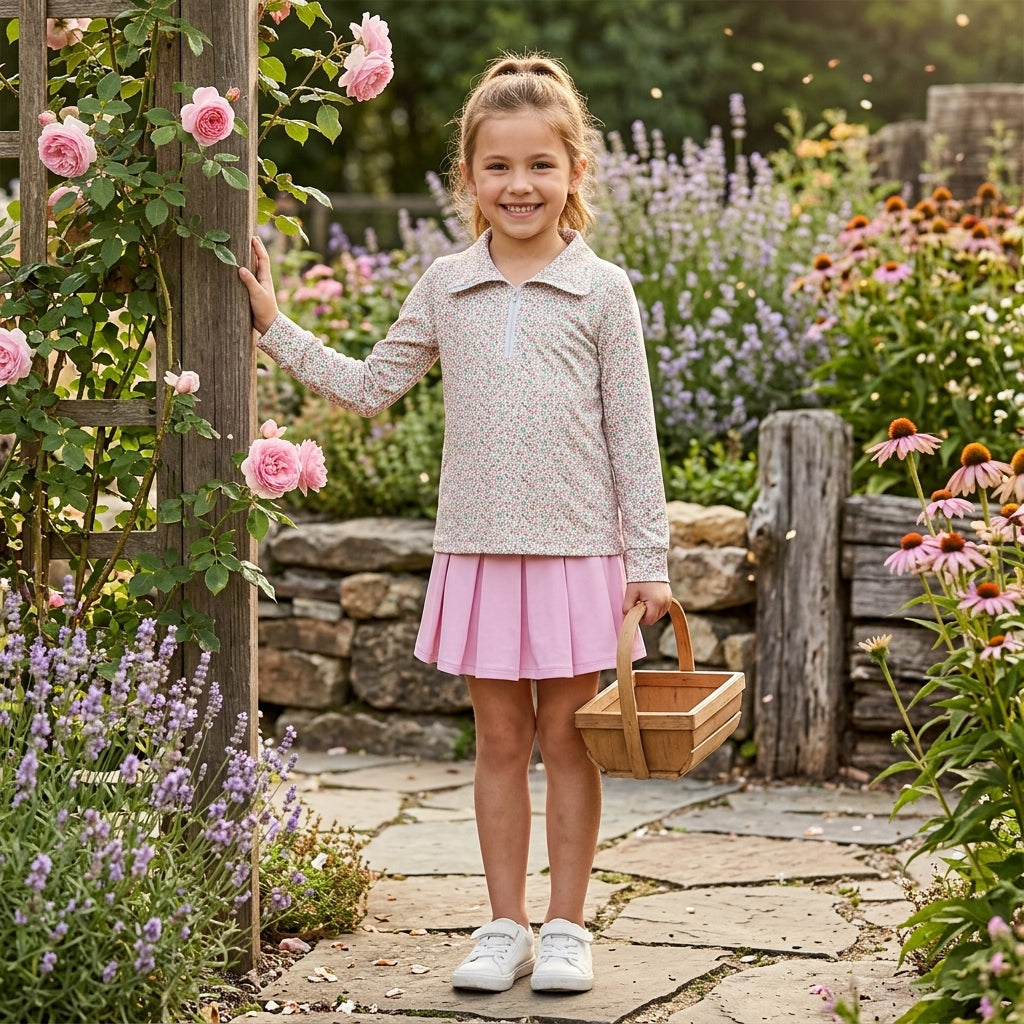 GLD1814 Floral Zipper Pullover Pink Pleated Yoga Girls Skorts Set 202609 RTS