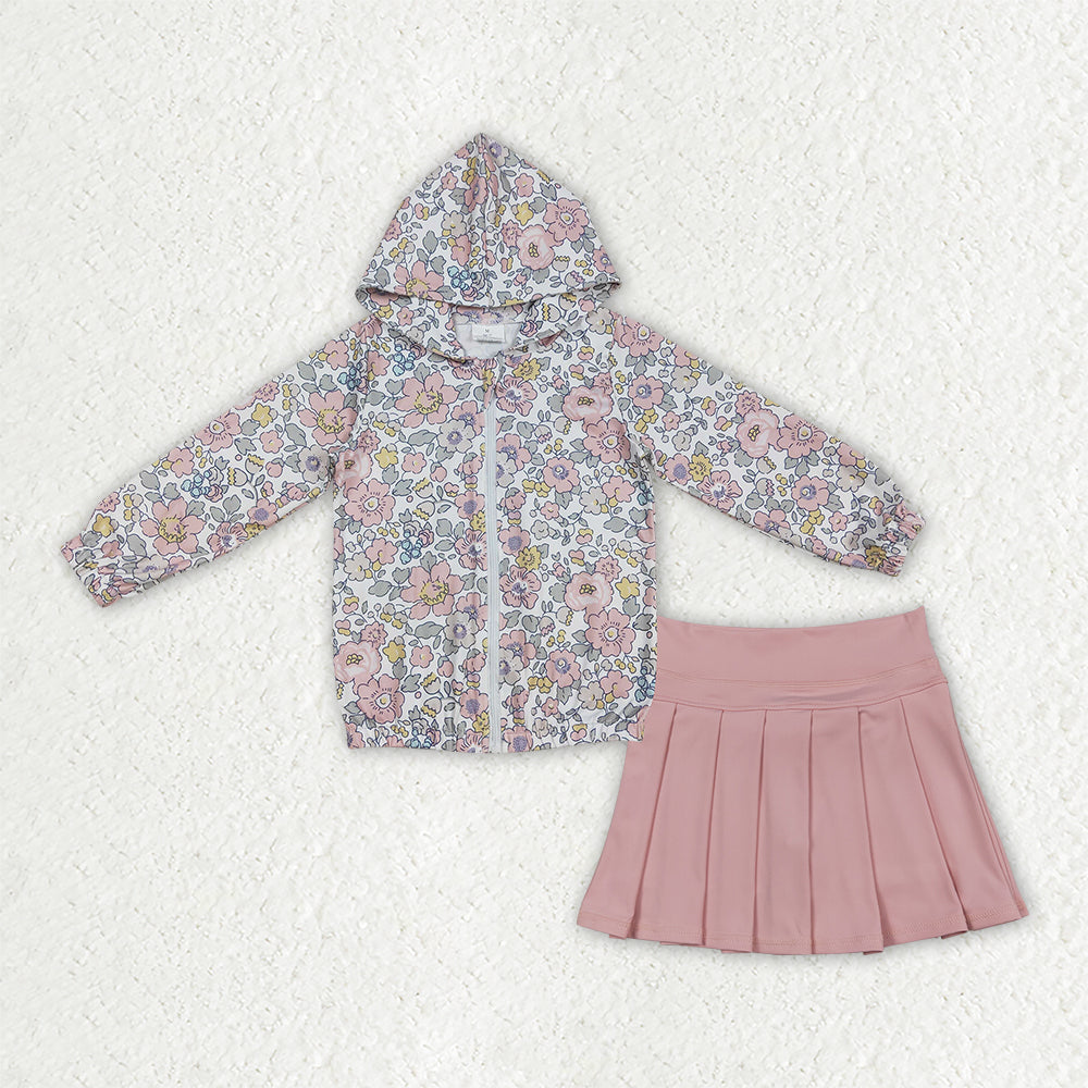 GLD1815 Floral Hoodie Zipper Pink Pleated Yoga Girls Skorts Set 202609 RTS