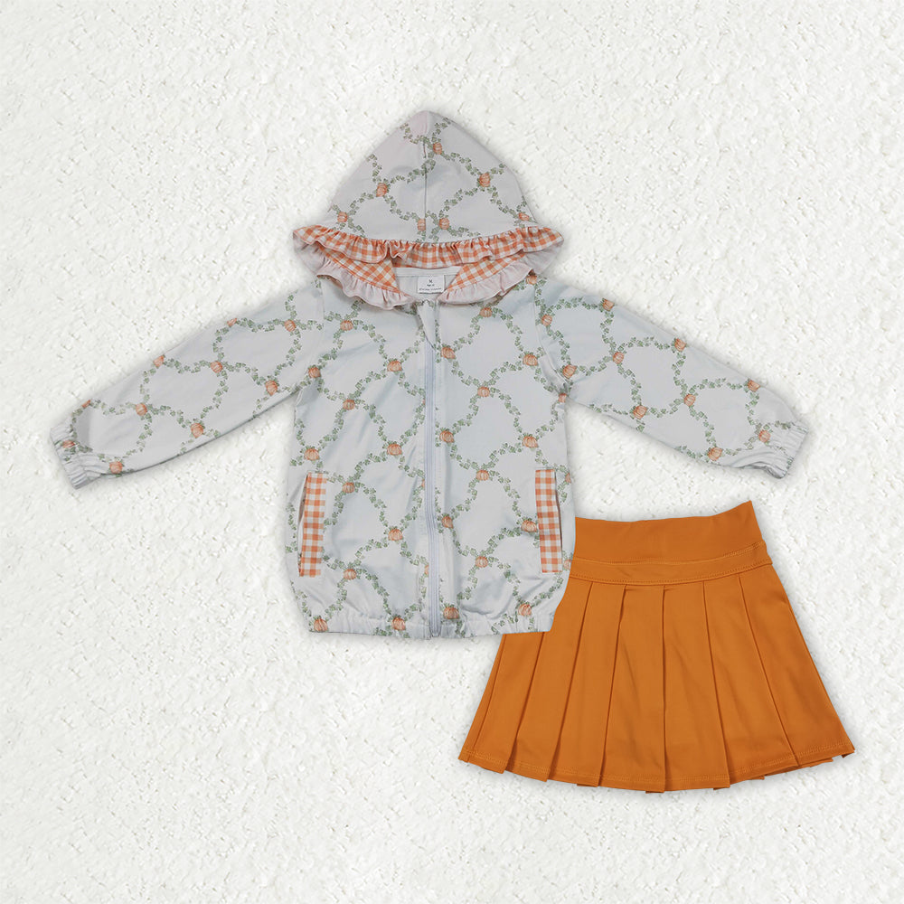GLD1816 Fall Pumpkin Leaf Hoodie Zipper Orange Pleated Yoga Girls Skorts Set 202609 RTS