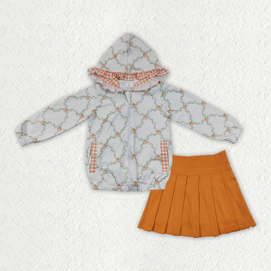 GLD1816 Fall Pumpkin Leaf Hoodie Zipper Orange Pleated Yoga Girls Skorts Set 202609 RTS
