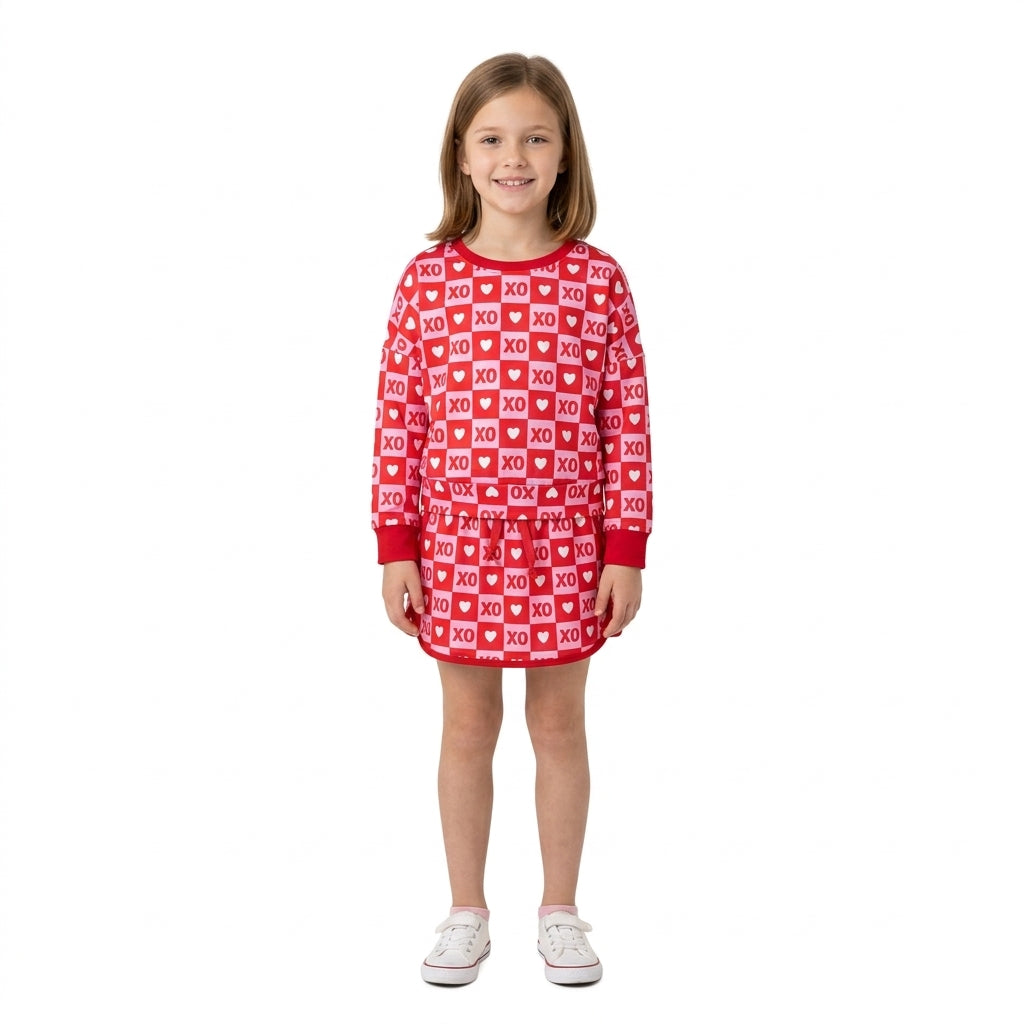 GLD1826 Valentine's Day Love Plaid Red Girls Skorts Set