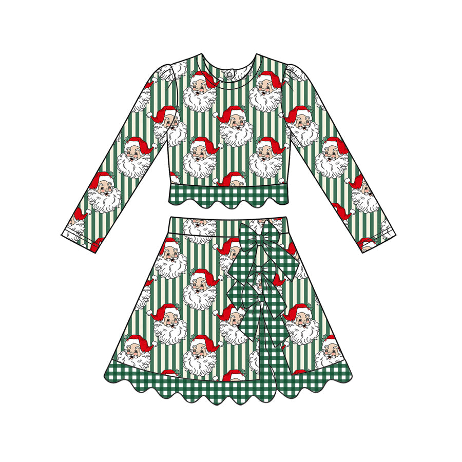 Preorder MOQ 5 pcs GLD1735 Christmas Santa Stripe Bows Scallop Edge Yoga Girls Skorts Set