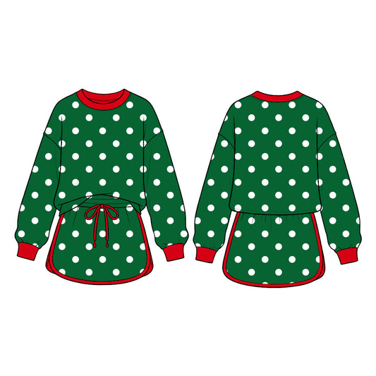 Preorder MOQ 5 pcs GLD1833 Christmas Dots Green Long Sleeves Girls Skorts Set