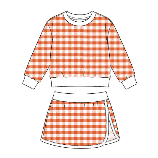 Preorder MOQ 5 pcs GLD1834 Solid Color White Orange Plaid Yoga Girls Skorts Set