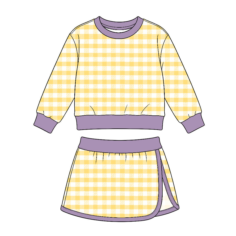 Preorder MOQ 5 pcs GLD1835 Solid Color Purple Yellow Plaid Yoga Girls Skorts Set