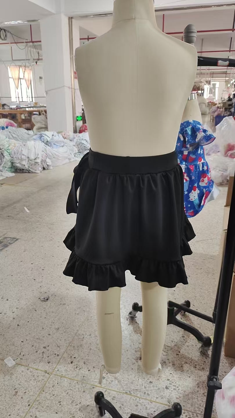 GLK0218 Solid Black Ruffle Bow Girls Yoga Skirts 202601 RTS