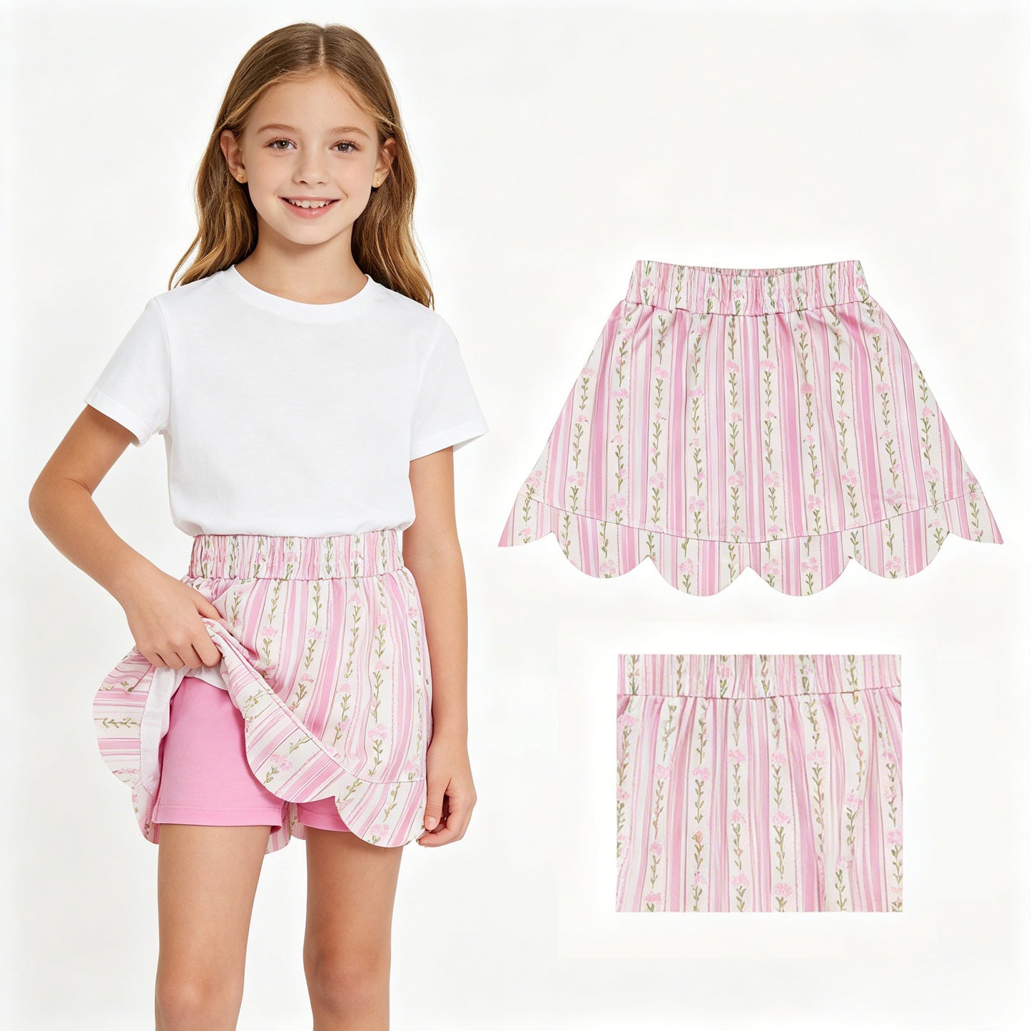 GLK0238 Milk Silk Pink Flower Leaf Stripe Ruffle Shorts Skirts for Girls 202605 RTS