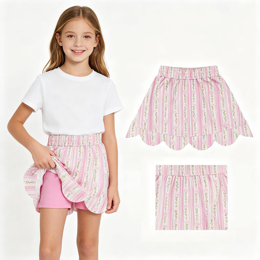 GLK0238 Milk Silk Pink Flower Leaf Stripe Ruffle Shorts Skirts for Girls 202605 RTS