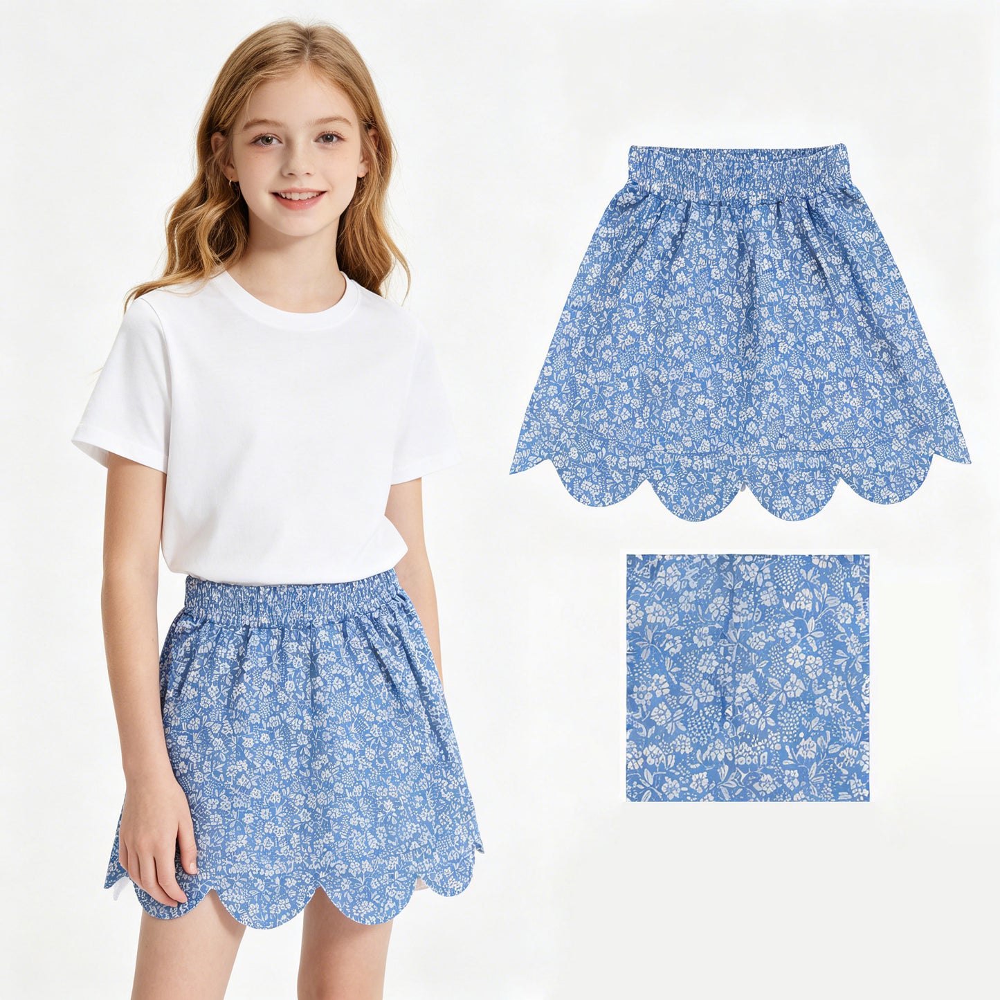 GLK0239 Milk Silk Floral Blue Ruffle Shorts Skirts for Girls 202605 RTS