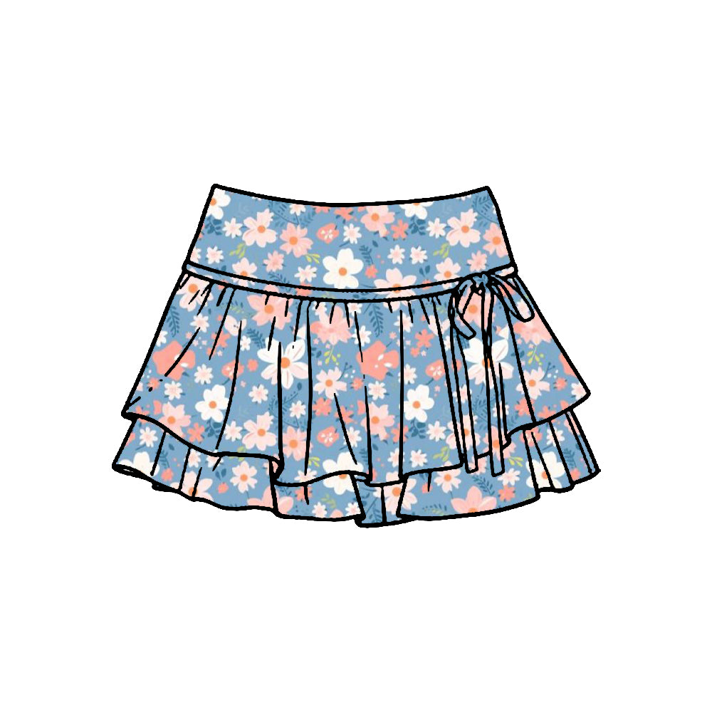 MOQ 5 PCS preorder GLK0246 Flower Leaf Blue Ruffle Shorts Skirts Girls Yoga Skirts 202601
